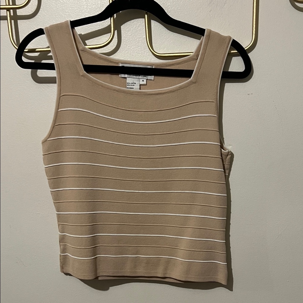 Medium Joseph A Qu’est-cequec’est Silk Beige and White Striped Square Neck Top